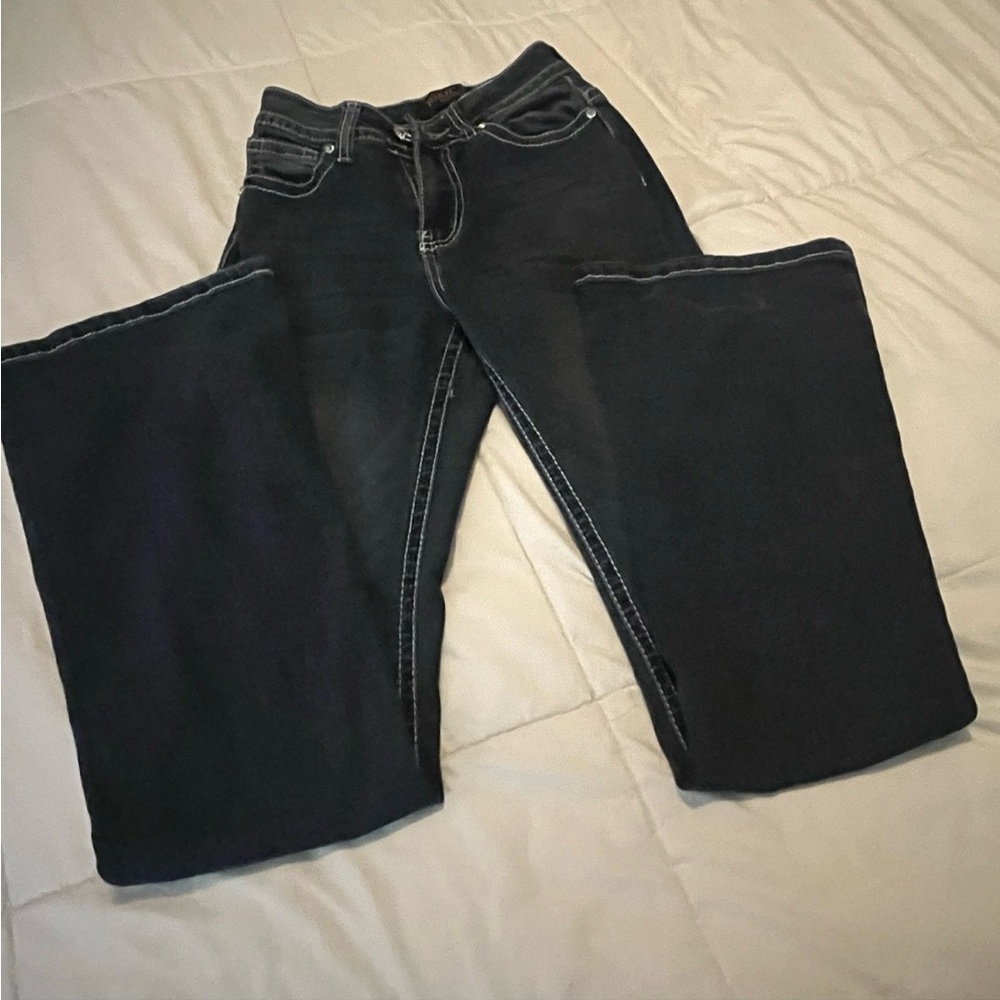 Toxica Jeans Teens/Women’s Size 1 Dark Blue Flared Mid Rise Rhinestone Pockets